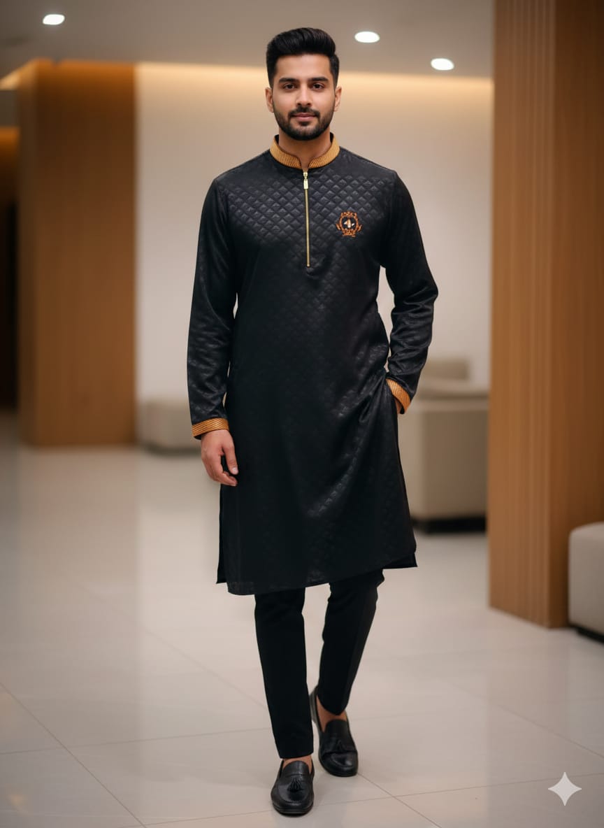 কোড # 1015 প্রিমিয়াম ষ্টাইলিস এক্সক্লুসিভ  ব্ল্যাক এমবসড পাঞ্জাবি