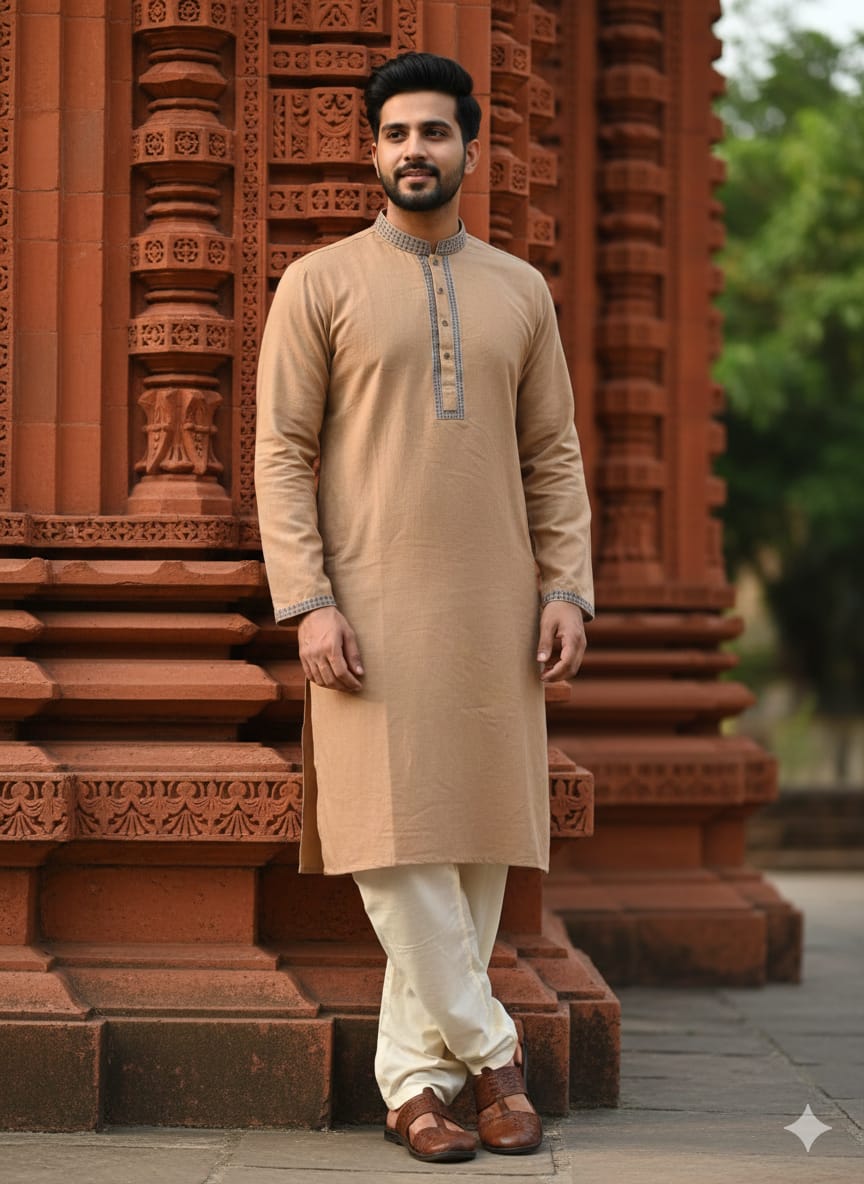 কোড # 1014 প্রিমিয়াম কটন হালকা বাদামি পাঞ্জাবি – আভিজাত্য ও আরামের নিখুঁত সমন্বয় EMB 1