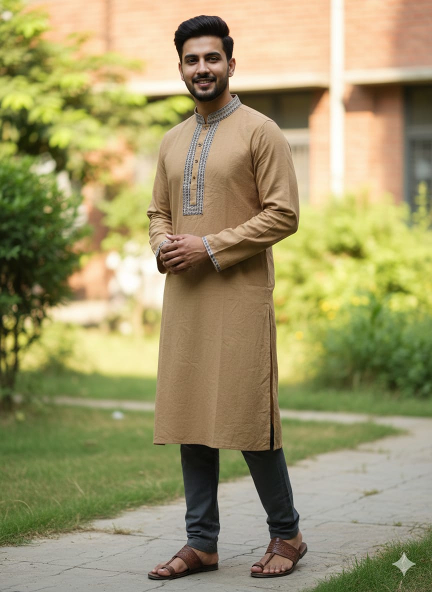 কোড # 1011 প্রিমিয়াম কটন হালকা বাদামি পাঞ্জাবি – আভিজাত্য ও আরামের নিখুঁত সমন্বয় EMB 2