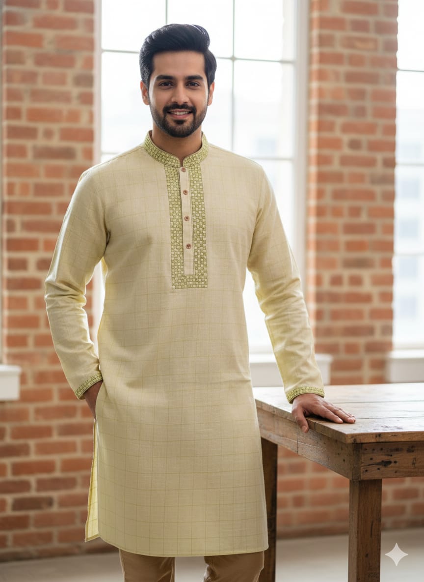 কোড # 1009 স্টাইলিশ প্রিমিয়াম কটন পাঞ্জাবি – হালকা রঙে রুচিশীল লুক EMB 2