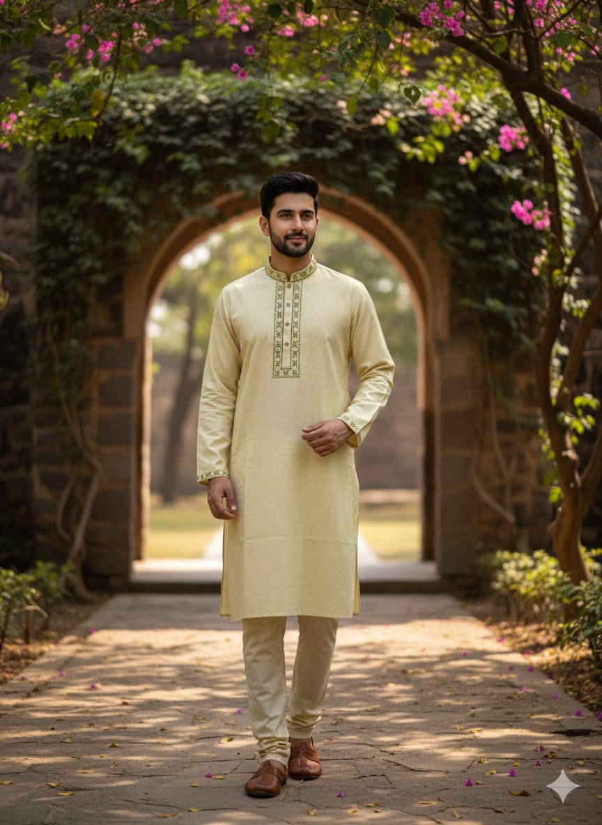 কোড # 1010 স্টাইলিশ প্রিমিয়াম কটন পাঞ্জাবি – হালকা রঙে রুচিশীল লুক EMB 1