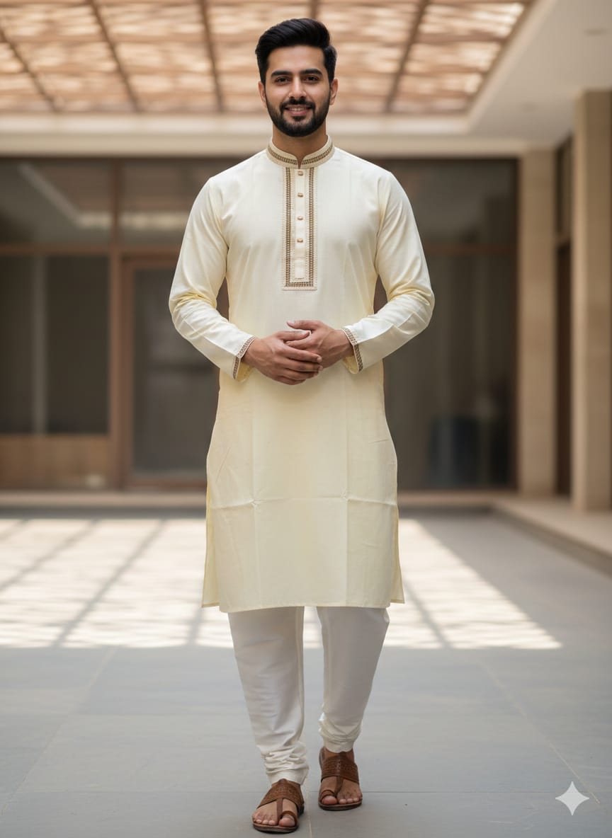 কোড # 1007 প্রিমিয়াম কটন পাঞ্জাবি – হালকা হলুদ (Creamy Yellow) রঙ EMB 1