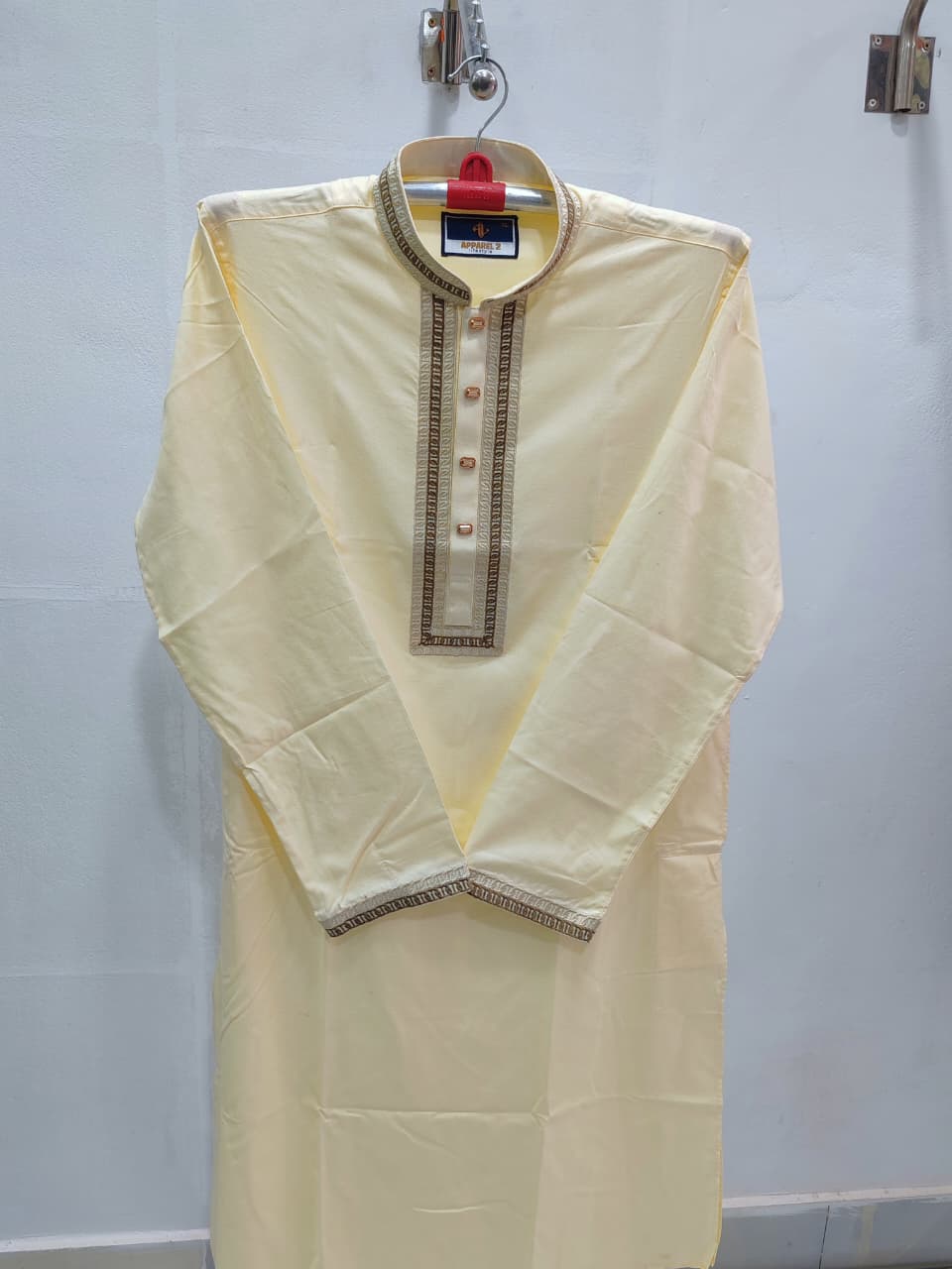 কোড # 1007 প্রিমিয়াম কটন পাঞ্জাবি – হালকা হলুদ (Creamy Yellow) রঙ EMB 1