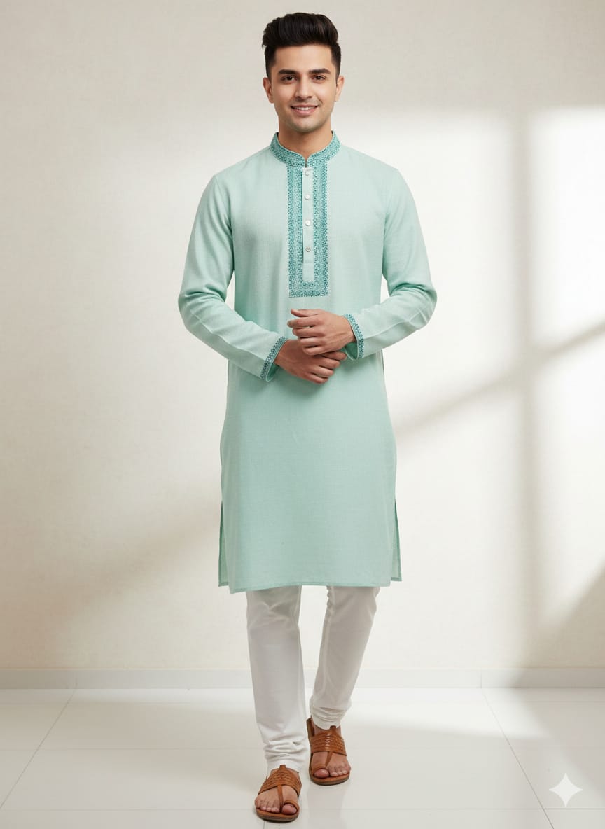 কোড # 1013 প্রিমিয়াম ষ্টাইলিস এক্সক্লুসিভ মিন্ট গ্রিন পাঞ্জাবি EMB 1