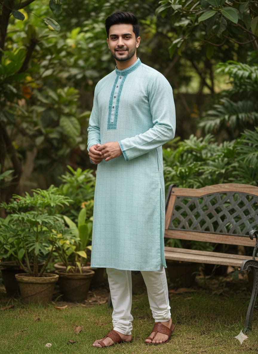 কোড # 1017 প্রিমিয়াম ষ্টাইলিস এক্সক্লুসিভ মিন্ট গ্রিন পাঞ্জাবি EMB 2