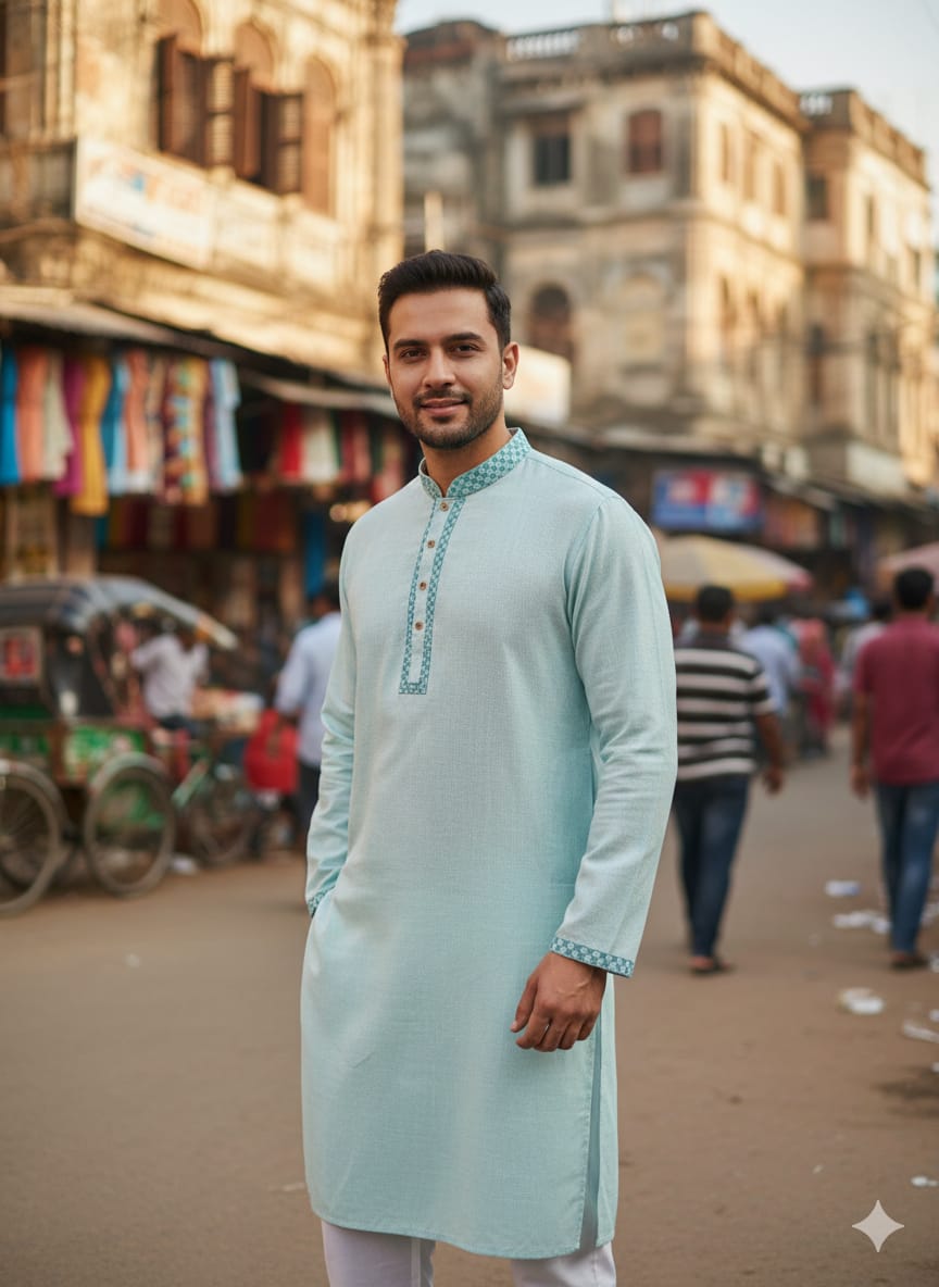 কোড # 1012 প্রিমিয়াম ষ্টাইলিস এক্সক্লুসিভ মিন্ট গ্রিন পাঞ্জাবি EMB 3