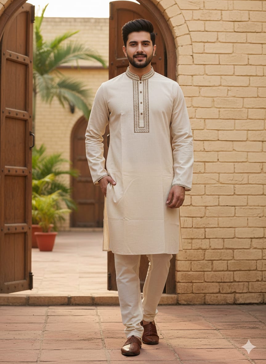 কোড # 1001  প্রিমিয়াম এমব্রয়ডারি পাঞ্জাবি – অফ-হোয়াইট (Off-White) রঙ EMB 4