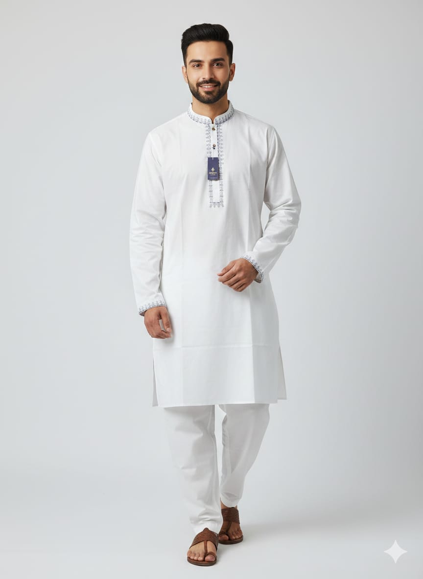 কোড # 1004 প্রিমিয়াম এমব্রয়ডারি পাঞ্জাবি – অফ-হোয়াইট (Off-White) রঙ EMB 2